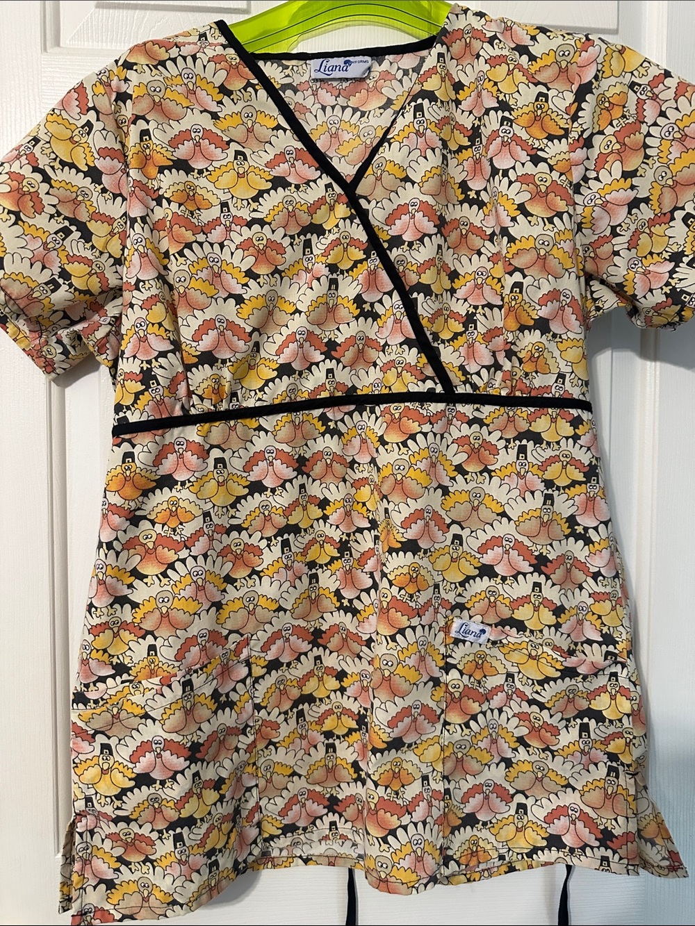 Liana V-Neck Turkey Print Scrub Top in Yellow & Pink